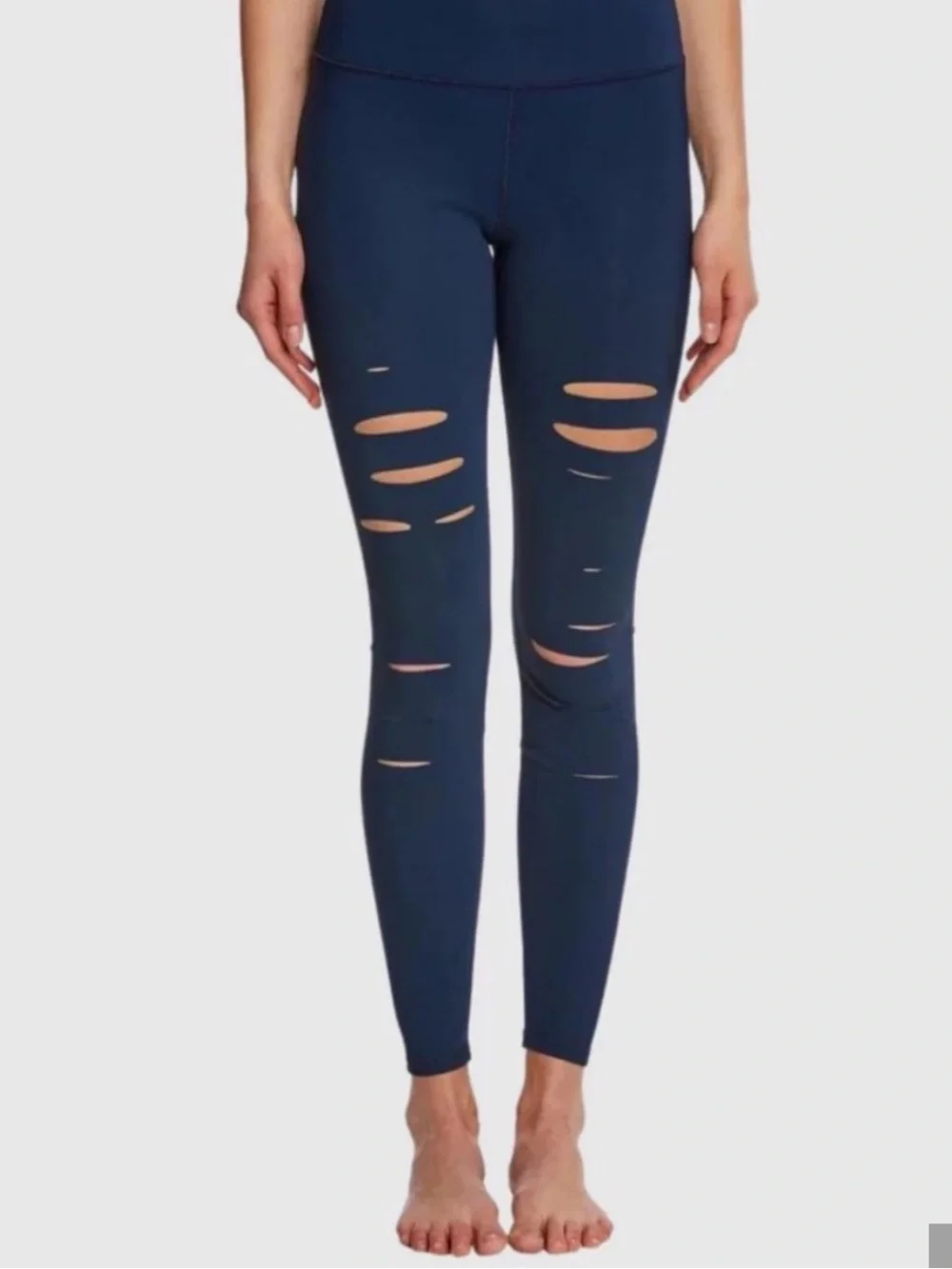 Alo Blue Hi-Waist Warrior Ripped Leggings Sz M w MEASUREMENTS Reflective Logo